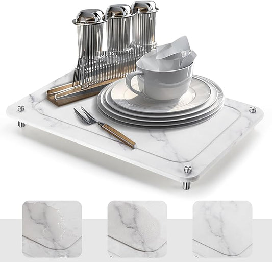 Stone Drying Mat for Kitchen Counter , IPOW Diatomaceous Dish Drying Mats Superb Absorbent，Heat-ResistantFast Drying Stone Mat Kitchen with Non-Slip Stainless Steel Feet（White）