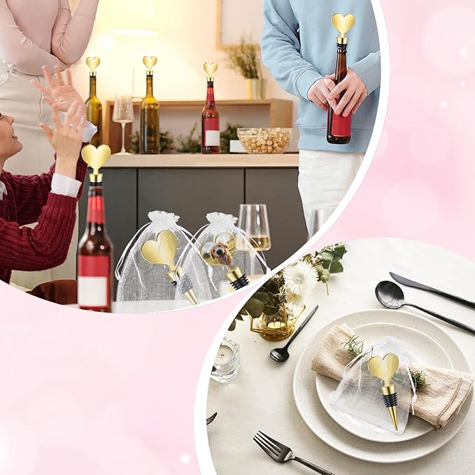 Blank Heart Shape Wine Stopper Stainless Steel Beer Stopper Blank Board Stopper with White Sheer Organza Bags Wedding Favor for Guests Wine Party Gifts Bridal Shower(Gold,36 Sets)