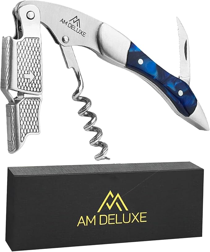 Premium AM DELUXE Waiters Corkscrew Wine Opener - Wine Key For Servers Bartenders, Heavy Duty Stainless Steel & Resin Inlay, Serrated Foil Cutter, Cork Screw Wine Bottle Opener. Magnetic Gift Box
