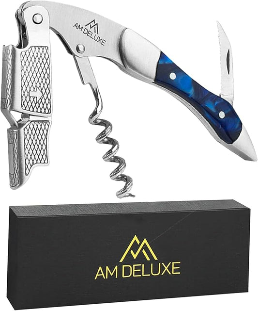 Premium AM DELUXE Waiters Corkscrew Wine Opener - Wine Key For Servers Bartenders, Heavy Duty Stainless Steel & Resin Inlay, Serrated Foil Cutter, Cork Screw Wine Bottle Opener. Magnetic Gift Box