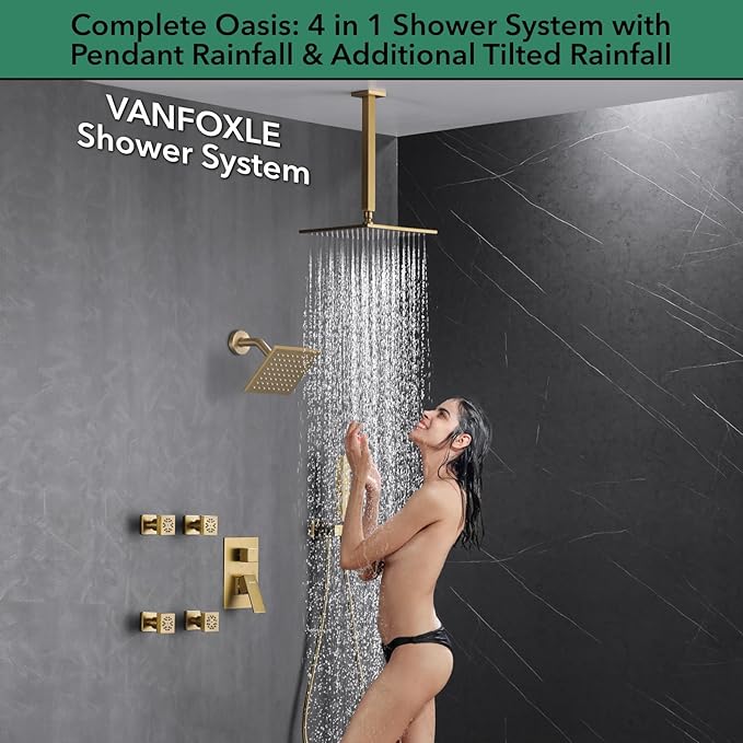 VANFOXLE Shower Faucet Set Brushed Gold Shower System,Four Modes Shower Faucet with 2 in 1 Handheld,Ceiling Mount 10 Inch Shower Head with 6 Inch Shower Head, 4 PCS Dual Modes Body Jets