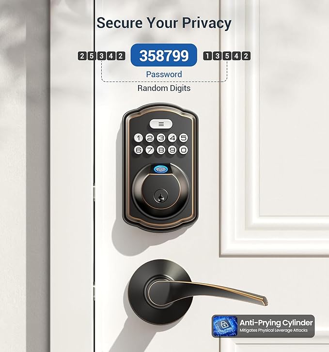 Veise Fingerprint Door Lock with 2 Lever Handles - Keyless Entry Door Lock, Electronic Keypad Deadbolt, Digital Smart Code & Front Handle Sets, Auto-Locking, Easy Installation, Oil Rubbed Bronze
