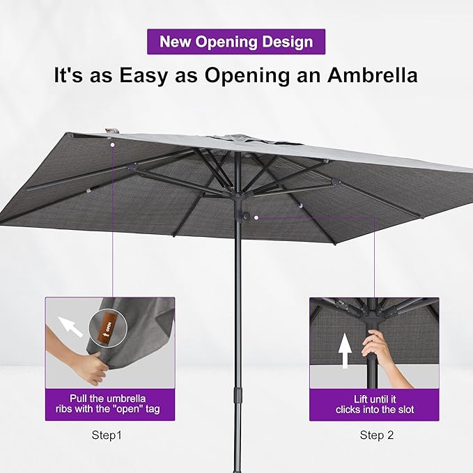 PURPLE LEAF 6 X 10 FT Semi-Auto Outdoor Patio Umbrella with Base Market Table Sun Umbrellas with 6 Aluminum Sturdy Ribs for Backyard Deck Garden Pool (Gray Pole Gray Canopy)