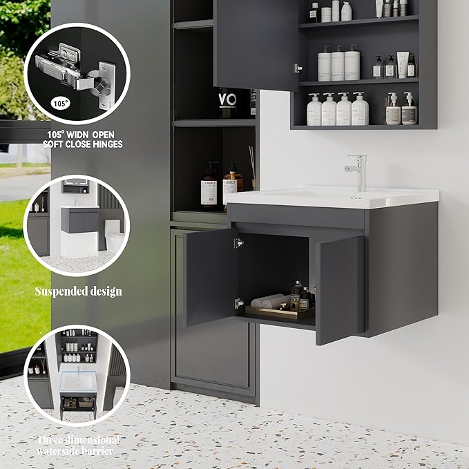 24'' Bathroom Vanity with Ceramic Sink Combo, Wall Mounted Small Bathroom Vanity with Soft-Close Door Modern Floating Cabinet, Pop-up Drain, P-Trap Included, Gray(No Faucet)