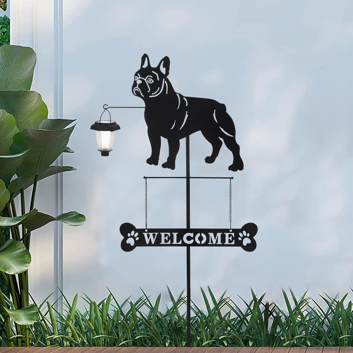 BAYN Solar French Bulldog Silhouette Dog Breed Welcome Sign with a Lantern Outdoor Decorative Garden Stakes for Yard, Lawn, Patio, Pathway