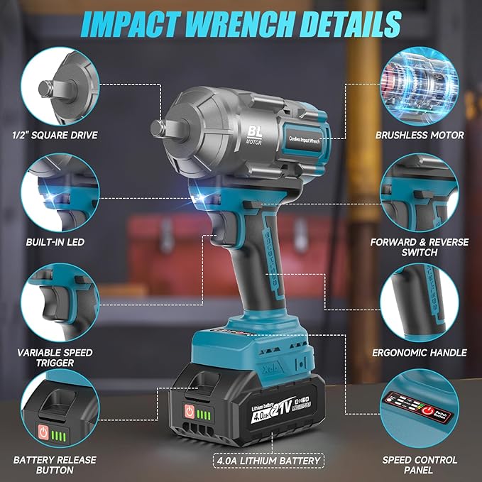 Cordless Impact Wrench, 1/2 Impact Gun with 2 * 4.0A Battery, Brushless Max Torque 885ft-Lbs (1200N.m) Electric Power Impact Driver with Charger & 6 Sockets for Car/DIY Furniture/Lawn Mower