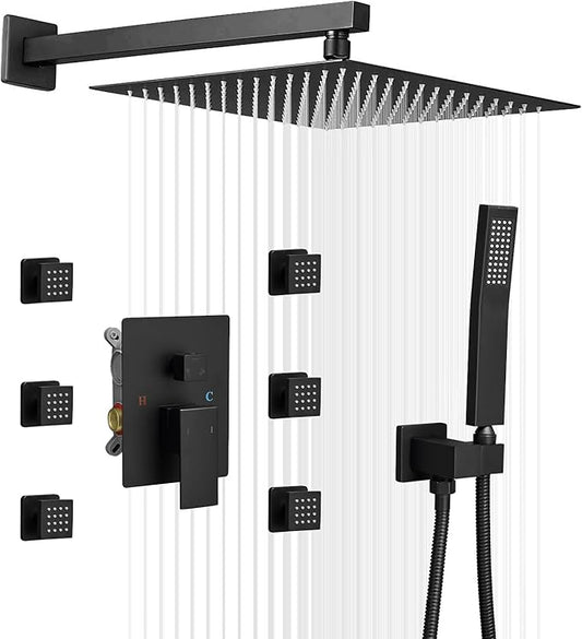 BWE Black Shower System with Body Jets,10 Inch Rain Shower Head with 6 Body Spray Jets and Handheld Shower,Wall Mounted Shower Faucet Set,Rough-in Mixer Valve and Trim Included