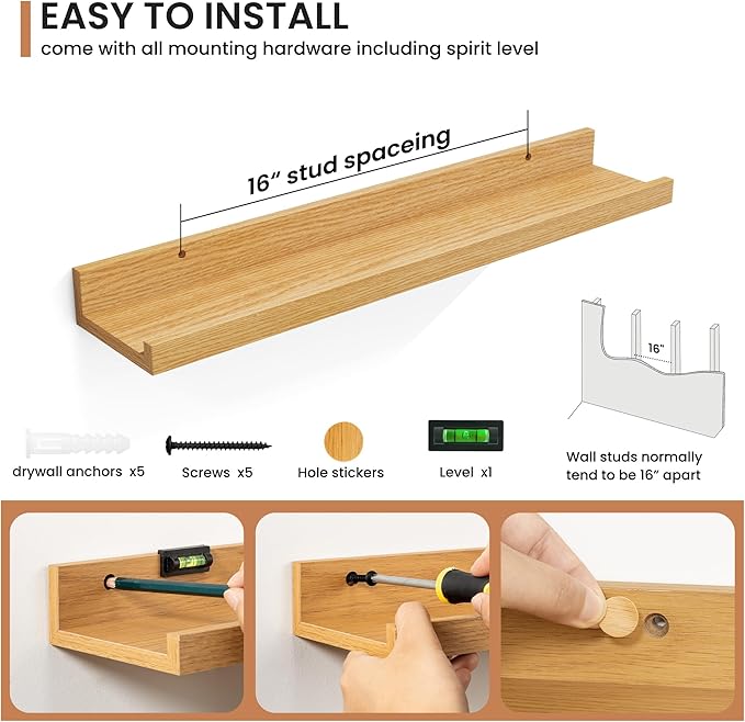 Fun Memories Picture Ledge Shelves Set of 2, 24 Inch Rustic Wall Mounted Floating Shelves with Lip for Home Storage and Décor in Bathroom, Kitchen, Nursery, Bedroom, Living Room, Oak