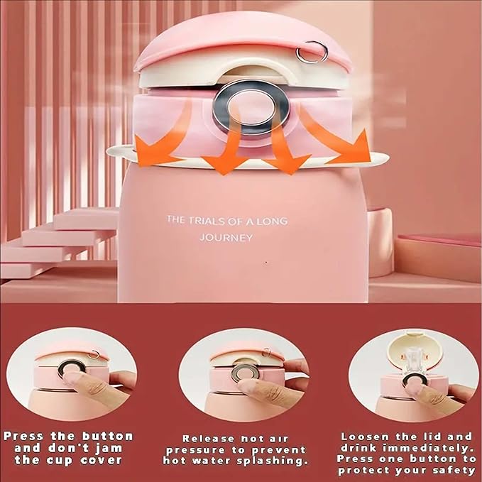 Thermal Vacuum Insulated Water Bottle with Straw & lid - Durable & Premium Design - Easy Open Button, Food Grade Stainless Steel - Dishwasher Safe kids cup (17 Oz)