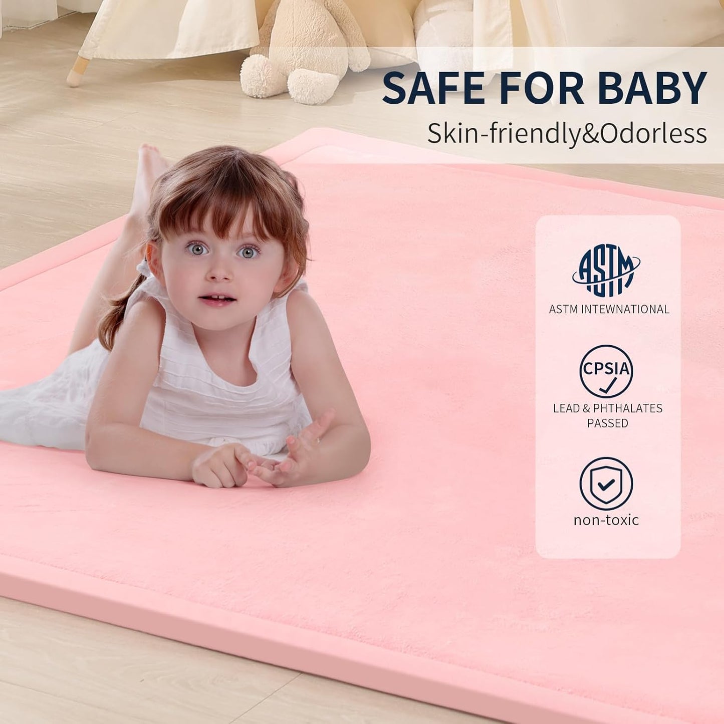 ACOMOPACK Baby Play Mat for Floor 1.3" Thick Memory Foam Play Mat 39"×59" Tummy Time Crawling with Non-Slip Bottom for Living Room,Nursery,Soft Velvet Playpen Mats for Kids,Infants（Pink）