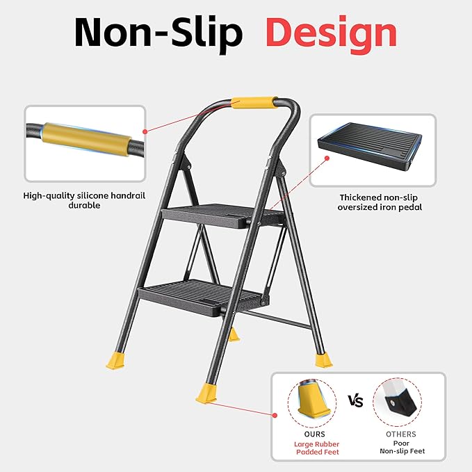 Step Ladder Foldable Folding Stool - for Home Adults Kitchen 2 Stepping Extension Tall Heavy Duty with Handrails - Closet Stepstool Stair Ladders Extendable Stepladder for Indoor House 600Lbs