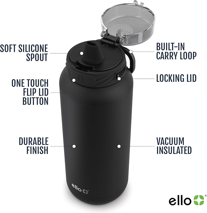 Ello Cooper 22oz Stainless Steel Water Bottle Vacuum Insulated with Straw and Carry Handle, Leak Proof Locking Lid with Soft Silicone Spout, Fits Car Cupholder, Dishwasher Safe, Bonfire
