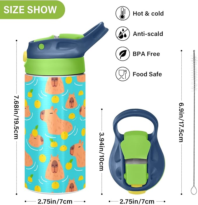 Cute Capybaras Kids Water Bottle with Straw Lemon Insulated Stainless Steel BPA-Free Sport Bottles for Boys Girls Toddlers 12 oz Green Lid