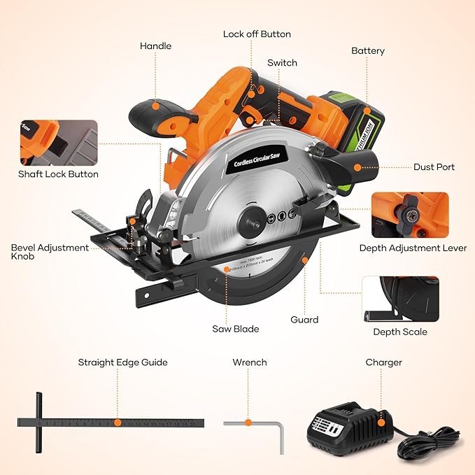 20V 7-1/4-inch Cordless Circular Saw, 4.0Ah Battery Powered Brushless Motor, 45° Bevel Capacity, Max Cutting Depth 2-7/10-inch (90°), 2-inch (45°), Electric Circular Saw for Wood, Plastic Cutting