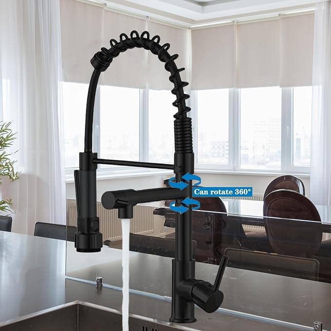 Commercial Kitchen Faucet with Pull Out Sprayer,Black Kitchen Sink Faucet with Pot Filler,Dual Spout Spring Stainless Steel Kitchen Faucets Pull-Out Kitchen Faucet for RV, Farmhouse, Camper