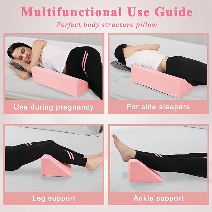 Bed Wedge Pillow for Side Sleeping Foam Filled Body Positioning Triangle Pillow Suitable for Pregnancy and Surgery Prevent Bed Sore for Leg and Back Support with Pillow Case (Pink)