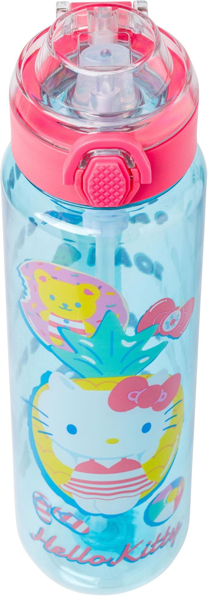 Silver Buffalo Sanrio Hello Kitty Pool Party Plastic Blue Water Bottle with Locking Lid, Strap, and Hydration Tracker, 33 Ounces