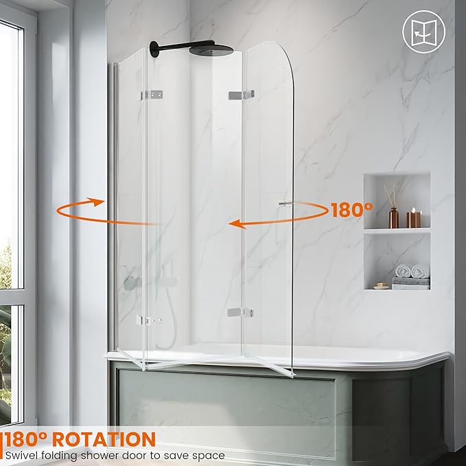 Bathtub Shower Doors 51.2-51.8 in. W × 59 in. H, 1/4" (6mm) Clear Tempered Glass Shower Door, Framless Bi-fold Triple Glass Panels Shower Door with Clamps, Chrome