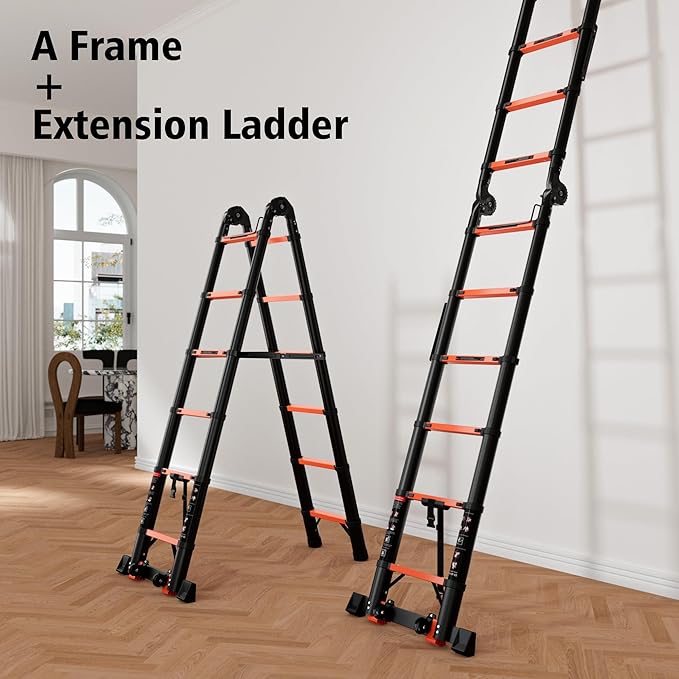 16.5 FT Telescoping A Frame Ladder, 8 Step, ANSI Certified, Type I Heavy Duty, 330lbs Max Capacity, Aluminum Extension Ladder for Home, Roof, RV; Orange
