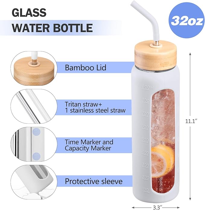 Glass Water Bottles with Straw -32oz- Water Bottle Phone Holder for Gym Large Motivational Water Bottle with Time Marker Glass Drinking Bottles 2 Lids - Spout & Bamboo Straw Lid(White)
