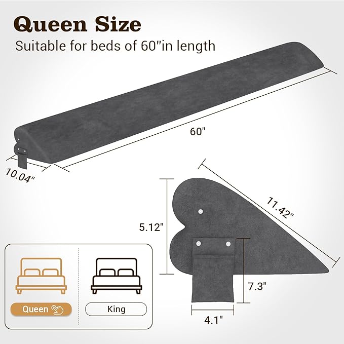 Heart-Shaped Bed Wedge Pillow for Headboard Gap with Adjustable Pocket, Grey Bed Gap Filler (0-8"), Headboard Bed Pillow Wedge, Mattress Gap Filler Queen(60"x10"x5")
