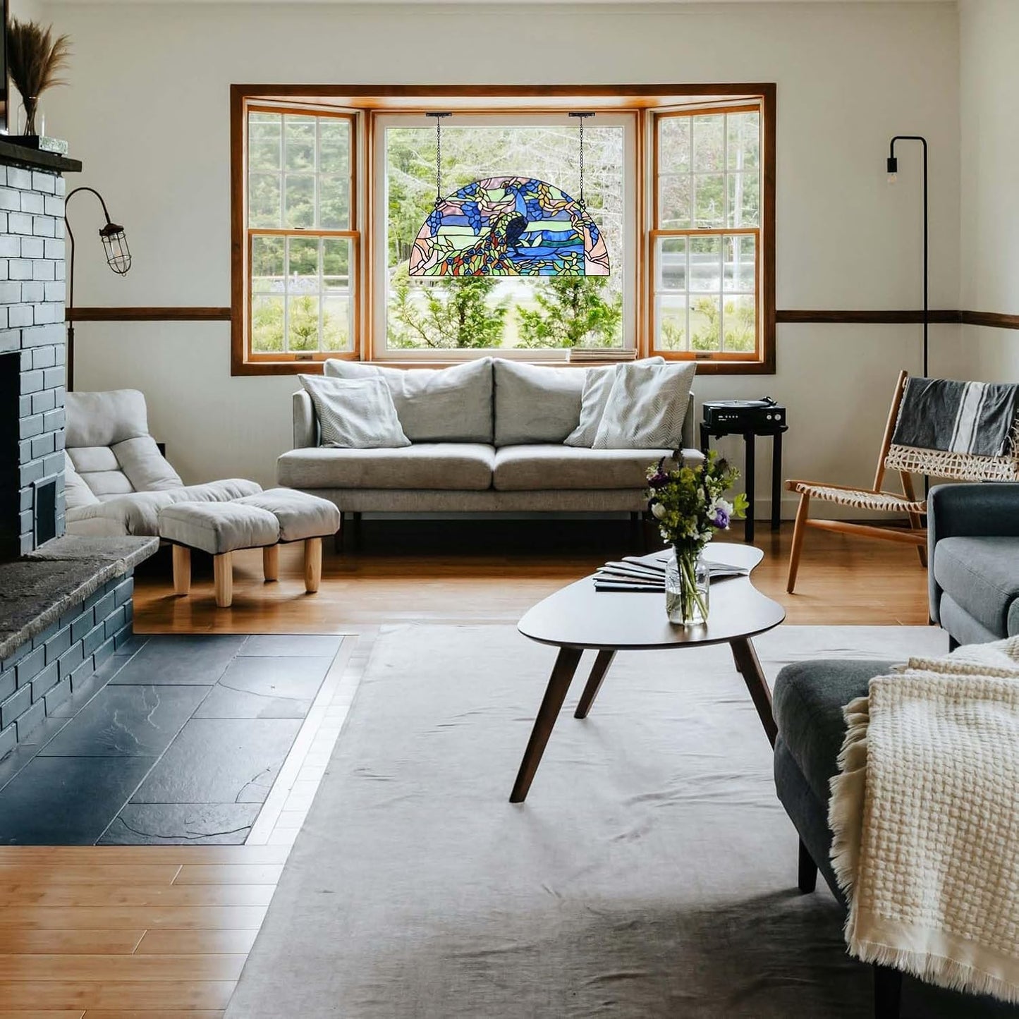 Bieye W10093 Peacock in Garden Tiffany Style Stained Glass Window Panel for Home Decor (Blue, 24Wx12H Half-Round)