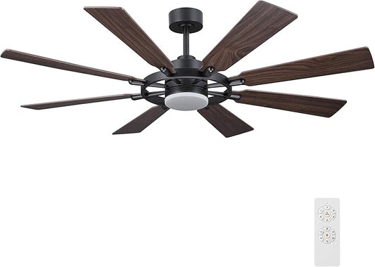 60" Ceiling Fan with Lights and Remote Control, Wood 8 Blades 6-Speed Noiseless Reversible DC Motor, 2 Downrods, Modern Ceiling fan for Office Porch Bedroom Dining Living Room, Black+Walnut