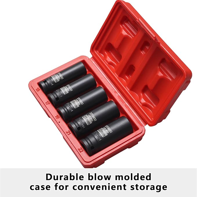 1/2" Drive Deep 6-Point Impact Socket Set, 5-Piece Standard SAE Spindle Axle Nut Impact Socket Set, Cr-Mo,6 Point (15-17-19-21-22mm) Size,Wheel Lug Nuts Socket