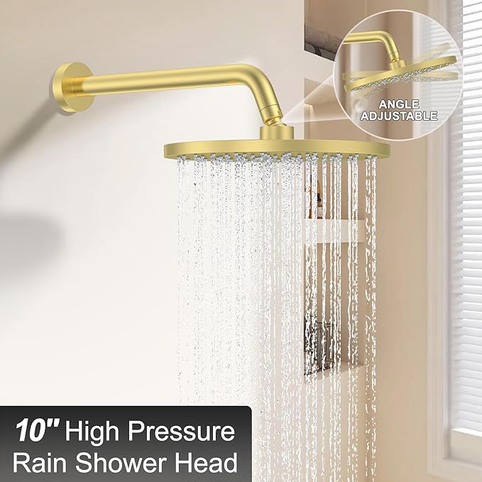 KOJOX Shower Set - Brushed Gold Finish, Powerful High Pressure Showerhead System with 3 Adjustable Settings and Handheld Capability, Valve Included