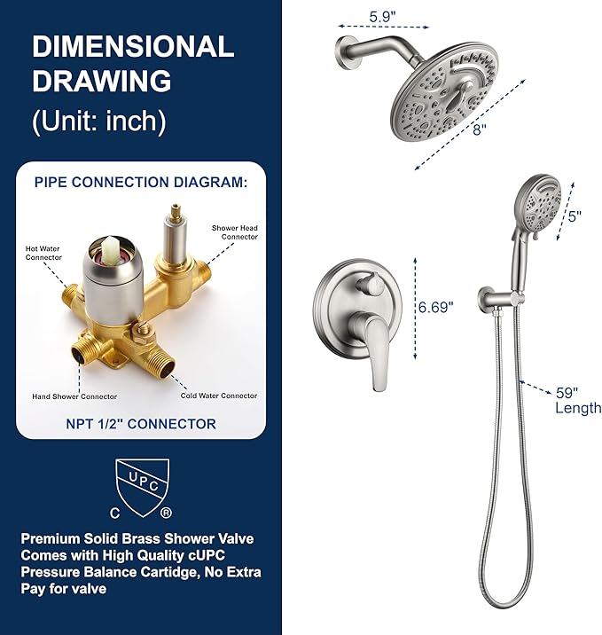 SHAMANDA 15-Function Shower System with Valve and Trim, Bathroom Luxury Shower Faucets Sets Complete with 9 Setting Handheld showerhead & 6 Setting Rain Shower, Wall mounted, Brushed Nickel, L8082-2