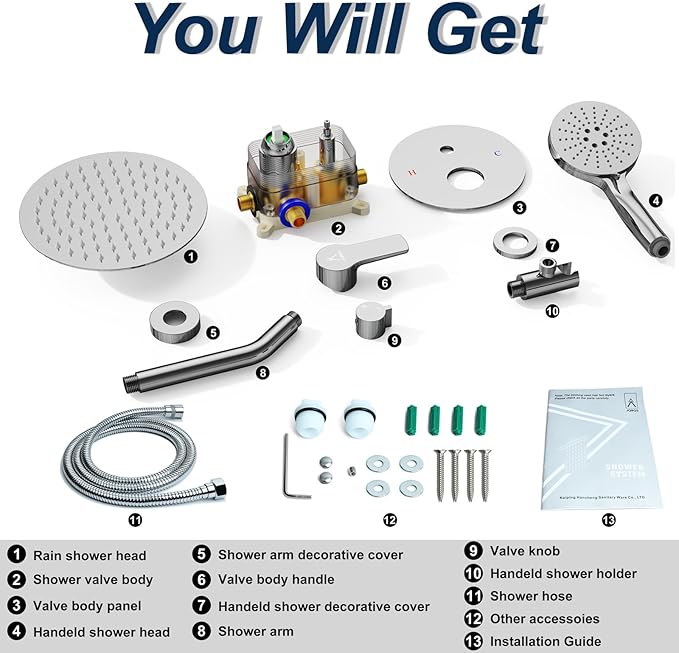 Shower Faucet Set 10IN Brass Rough-In Valve Body Trim Kit Rainfall Included Handle Accessories Complete 2 Functions with Rain Head and Handheld Bathroom Systems (10'', Chrome Polished)