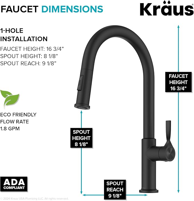 KRAUS Torak Pull Down Kitchen Faucet in Matte Black with 2 Function Sprayer, Pre-Attached Water Lines, and Mounting Hardware, KPF-2840MB