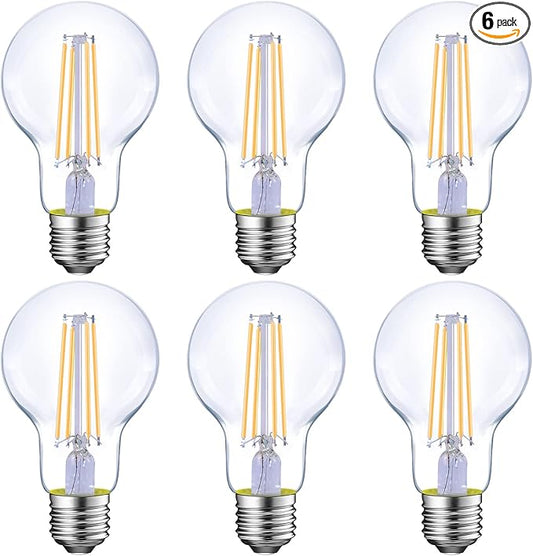 Energetic Dimmable LED Filament Light Bulbs, 8W, 60 Watt Equivalent, Warm White 3000K, Classic Clear Glass, A19 LED Light Bulb, 6 Pack