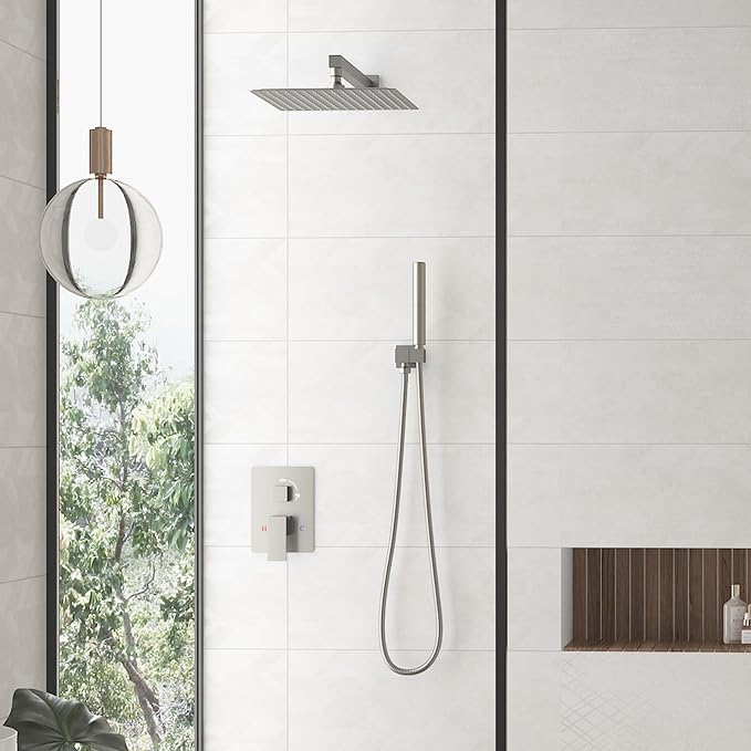 Hoimpro 12 Inch Shower System Set Bathroom Rain Shower Head Brass 2 In 1 Handheld Sprayer Wall Mounted, Rainfall Shower Faucet Spray Fixture Valve Kits Combo Showerhead, Brushed Nickel