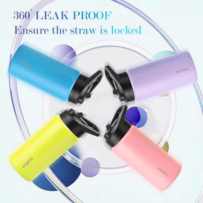 Kids Water Bottle with Straw 2 Pack, 16oz Water Bottles Bulk, Single Wall 18/8 Stainless Steel, Dishwasher Safe & Leakproof, Reusable Gift for Girls Boys to School Sports Travel Camping, Pink & Purple