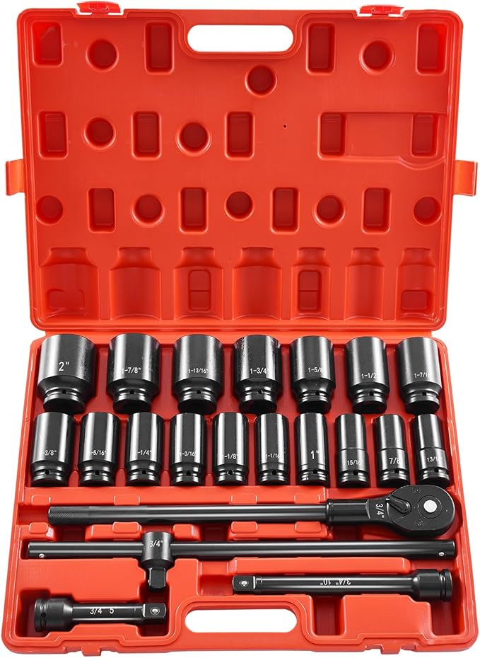 VEVOR Impact Socket Set 3/4 Inches 22 Piece Deep Impact Sockets, 6-Point Sockets, Rugged Construction, CR-V Drive Socket Set Impact SAE 13/16 inch - 2 inch, Includes Carrying Case and Ratchet Handle