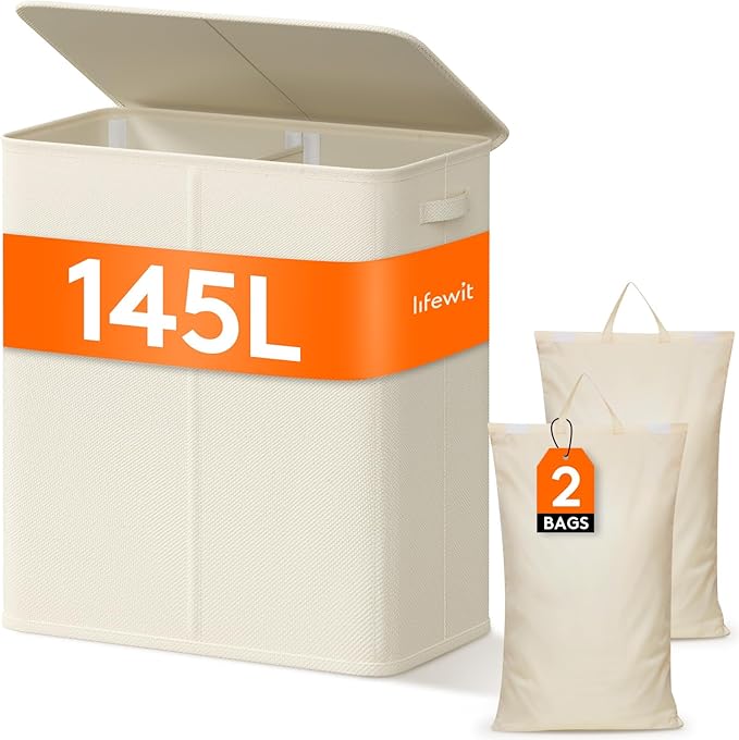 Lifewit Double Laundry Hamper with Lid and Removable Laundry Bags, Large Collapsible 3 Dividers Dirty Clothes Basket with Handles for Bedroom, Laundry Room, Closet, Bathroom, College, 145L White