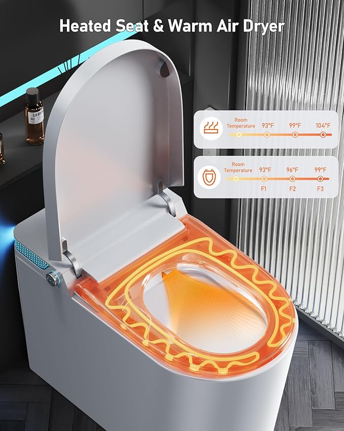Glendan Modern Smart Toilet with Bidet Built In, One Piece Toilet With Auto Open/Close, Powerful Flush, Warm Water Wash, Foam Shield, Smart Bidet With Heated Seat, Dryer, Night Light & Remote