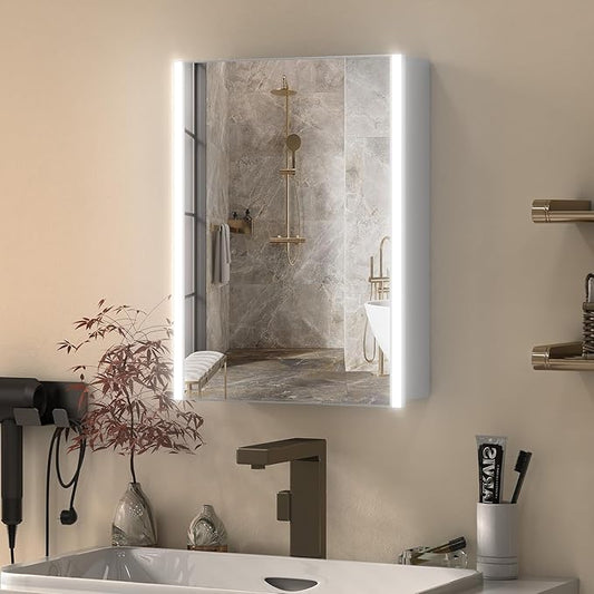 16x20 Inch Medicine Cabinet with LED Light Mirror, Brightneess Adjustable and Full-Assembled Bathroom Aluminum Cabinet with Storage, Surface or Recessed Tempered Cabinet, Farmhouse Sliver