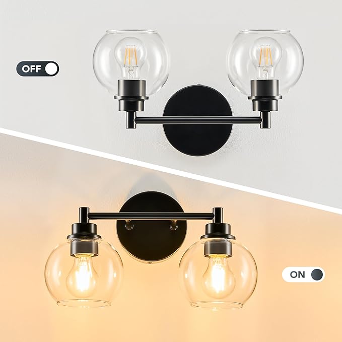 VONLUCE Bathroom Light Fixtures, 2-Light Bathroom Vanity Light with Globe Glass Shades E26 Sockets, Vanity Lights for Bedroom Hallway Living Room, Black Finish