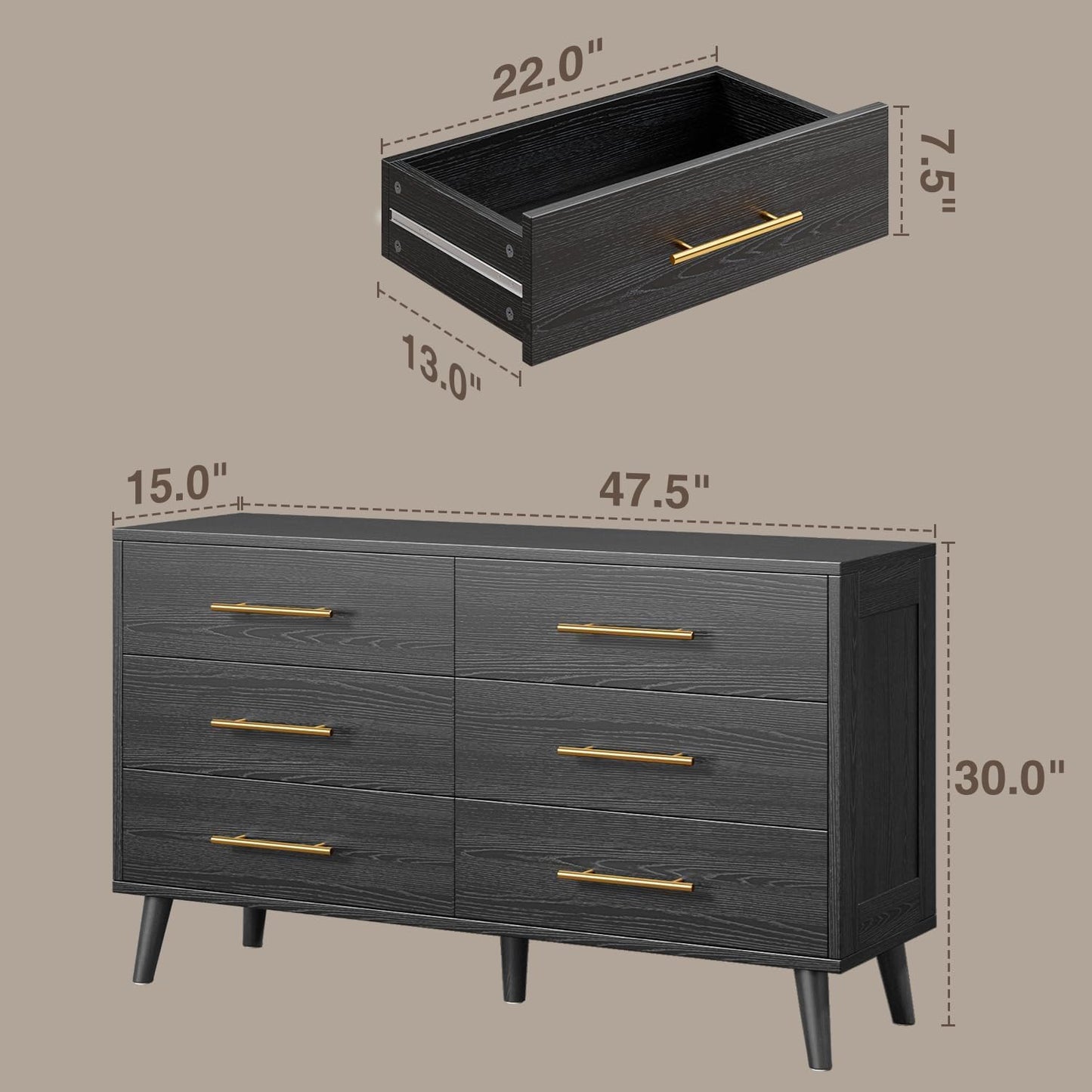 Aiho 6 Drawer Dresser for Bedroom, Chest of Drawers with Metal Handles, Wood Storage Modern Dresser for Nursery, Living Room, Entryway, Black