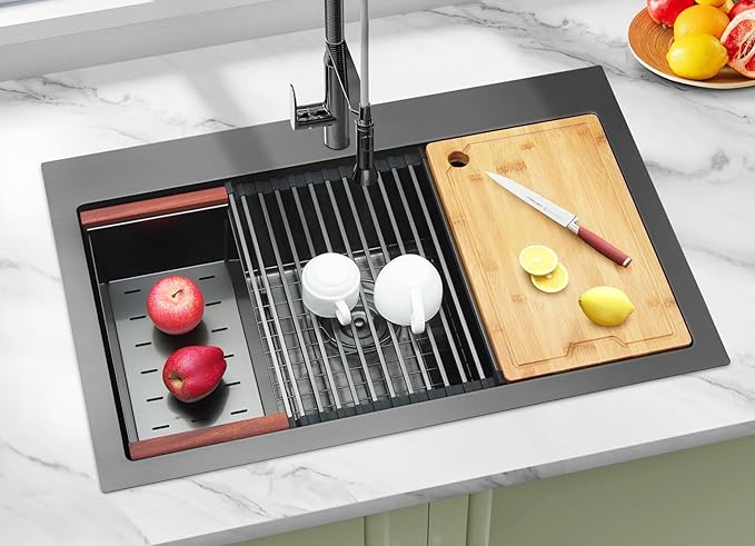 Drop In Black Kitchen Sink 33" X 22",Deep and Large Single Bowl Sinks,16 Gauge Stainless Steel Workstation Sink