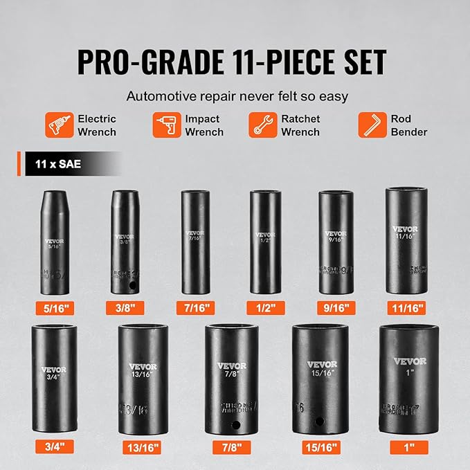 VEVOR 3/8" Drive Impact Socket Set, 11 Piece Deep Socket Set SAE 5/16"-1", 6 Point CR-V Alloy Steel for Auto Repair, Easy-to-Read Size Markings, Rugged Construction, Includes Storage Case