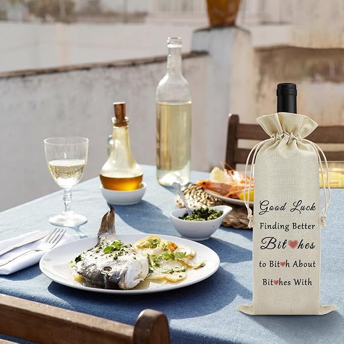 Farewell Gift Coworker Leaving Gifts for Women Men Wine Bag Going Away Goodbye Gifts for Coworker Friend Burlap Wine Gift Bags Office Gifts Retirement Gift for Besties Drawstring Wine Wrap Bag