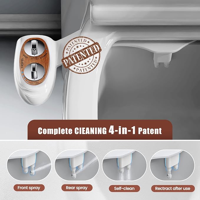 YASFEL Bidet, Self-Cleaning Bidet Attachment for Toilet - Non Electric Dual Nozzles Cold Water Bidet Toilet Seat Attachment with Adjustable Pressure Control, for Frontal & Rear Wash (Wood Color)