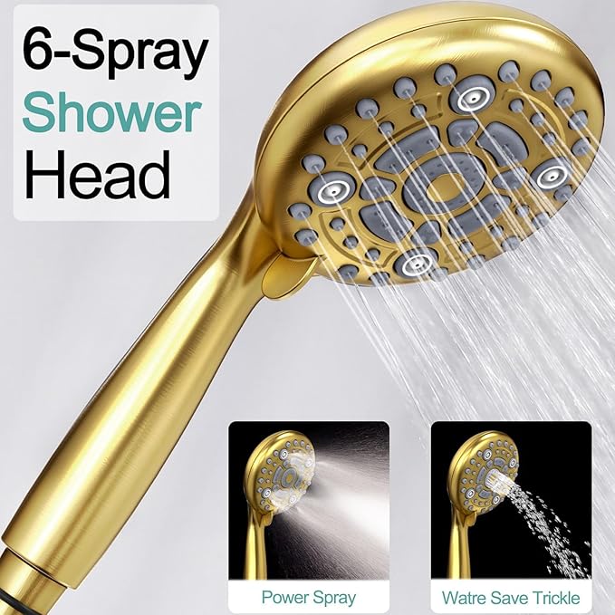 SR SUN RISE 12 Inch Brushed Gold Shower System, Wall-Mount Adjustable 16-Inch Slide Bar with 6-Function Hand Shower Faucet Included Valve and Trim Kit