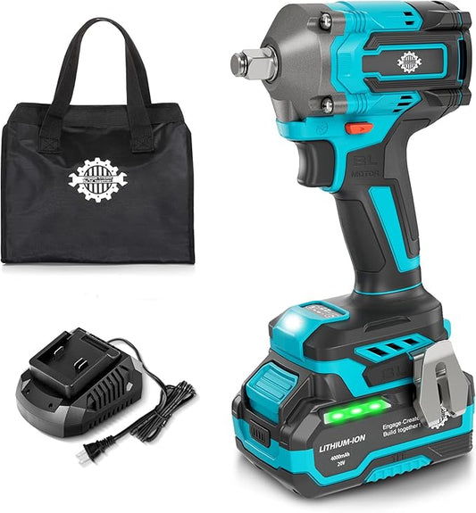 1/2" Cordless Impact Wrench with Brake, Brushless MAX 465Ft-lbs (630N.m) Impact Gun with 20V 4.0Ah Battery and Fast Charger, 2+1 Speed Mode, 2500RPM Power Electric Impact Wrench with LED Light for Car