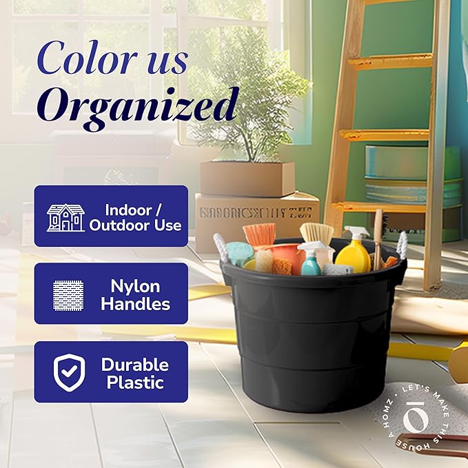 Homz 18 Gallon Plastic Multipurpose Utility Storage Bucket Tub with Strong Rope Handles for Indoor and Outdoor Use, Black, (2 Pack)