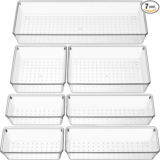 Criusia Clear Drawer Organizer 7 PCS - 5 Size Plastic Versatile Kitchen and Bathroom Organizer Trays, Non-Slip Storage Bins for Makeup, Utensils, Tool and Office Desk