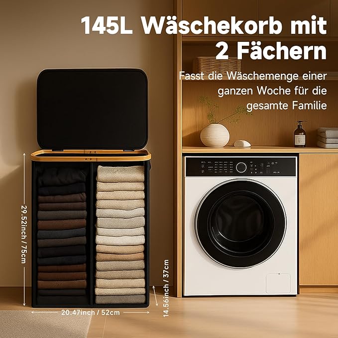 145L Double Laundry Basket with Lid, 2 Section Dirty Clothes Hamper with 2 Removable Bags for Bedroom, Bathroom, Dorm, Black